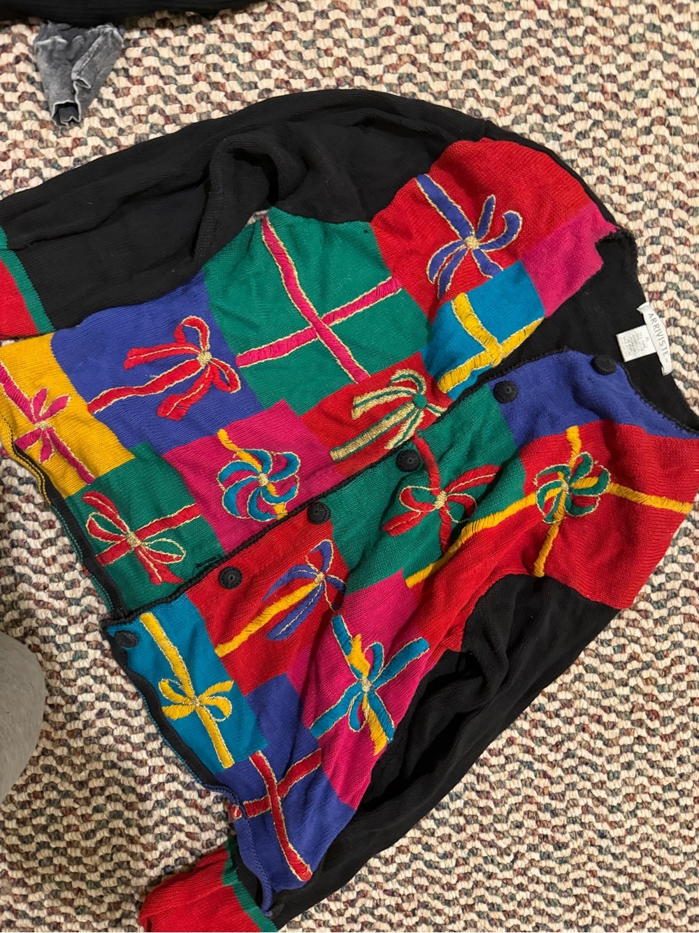 Colorblock Gift-Print Button Cardigan Sweater - Black Multi